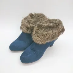 ■ Michaela La Spada サイドジップ ヒール ファー ポインテッドトゥ ショート丈 ブーツ サイズM ネイビー レディース E  【1306260039316】