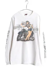 【お得なクーポン配布中!】 USA製 ハーレー ダビッドソン 4面 プリント 長袖 Tシャツ メンズ M オフィシャル ピンナップガール バイク 星条旗 グラフィック 全面 ロンT