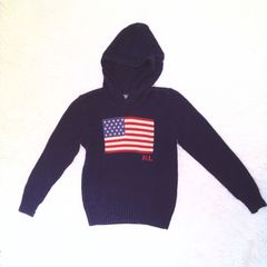【美品】POLO RALPH LAUREN ラルフローレン　星条旗　ニット　フード付き　ネイビー　Mサイズ