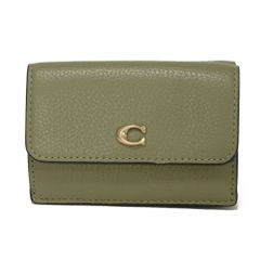 COACH コーチ ミニ トライフォールド ウォレット 現行 Cロゴ カーキ グリーン ポリッシュド ペブル スナップボタン 札入れ カードケース コインケース 未使用 Cマーク モス 三つ折り財布 CM437