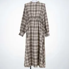 バンドカラー チェック柄 ワンピース ロング ミモレ 長袖 M 茶 ブラウン【レイカズン Ray Cassin/20738-12】