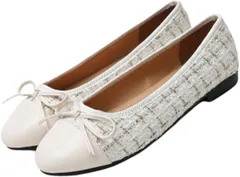Ｄ．Ｓｔｏｍｏ ダイアナサイズ対応 バレエシューズ パンプス レディース フラットシューズ ツイード ラメ リボン ラウンドトゥ(ホワイト,  26.5 cm)