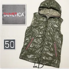 ■良品■DUVETICA デュベティカ　ダウンベスト　size50(サイズL) ナイロン×グースダウン　グリーン系カーキ　フルジップ　ドローコード　フード　フーディー　ブルガリア製　メンズ　大きめ