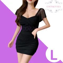 [ COCO&YUKA公式 ] ココアンドユカ レース タイト セクシー ワンピース キャバ 嬢 ドレス パーティ フリル ミニ スカート カシュクール ワンピ 半袖 パット 付き ブラック L B09YGPHZLG