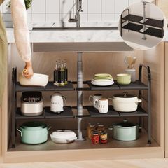【新着商品】洗面台下 キッチン シンク下収納ラック 収納 棚 横幅・高さ調整可能 収納 可動く 棚 伸縮 簡単組立 省スペース 鍋 2段 食器 調味料 ラック 大容量 収納 フリーラック シンク下 幅45~78×奥行25×高さ44cm (棚板x8)