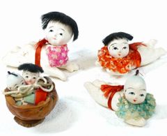 日本のアンティーク人形 昭和初期　陶器製　味わいの小さな手作り赤ちゃん人形4種