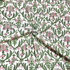 【50cm単位】ホワイトグリーンピンクフラワー　インド　ハンドブロックプリント生地　テキスタイル コットン