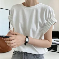 Tシャツ レディース 半袖 フレンチスリーブ ギャザー ボリューム袖 フレンチ 黄色 ゴム 韓国 プルオーバー 白 ゆったり お洒落 袖ゴム シンプル イエロー  vii3w803568