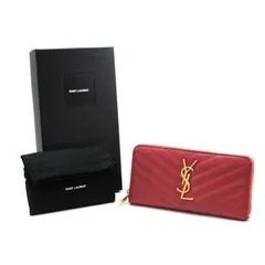 サンローラン SAINT LAURENT ジップアラウンド ウォレット Vステッチ YSL金具 グレインレザー 358094 長財布 ラウンドファスナー ロングウォレット カサンドラ キルティング レディース レッド 中古 mal02026