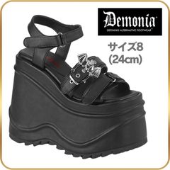 24cm demonia デモニア サンダル 厚底 ウェッジソール 15cm ヒール 黒 ブラック 合皮 バット バックル アンクルストラップ 厚底靴 ロック パンク ゴシック ゴスロリ 原宿系 韓国 ファッション 靴 レディース メンズ