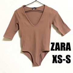 ZARA リブ ボディスーツ 5部丈 ピンクベージュ ザラ