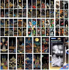 新品 ラッチボード カラフラ ペーパーアート 合計72枚 面白い 塗り絵 有名な観光地 スクラッチアート 花火 夜景 かわいい 6組 動物 お絵描き 削るだけで美しいアート Lakymisy 子供プレゼント スクラッチペン付け 15.5cm*7cm