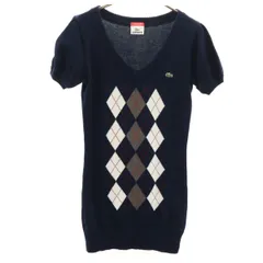 LACOSTE ラコステ EDITION LIMITEE 日本製 アーガイル柄 半袖 Vネック ニット 38 ネイビー レディース 古着