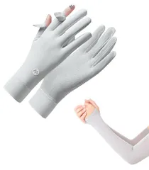 [Ciyar]日焼け防止手袋+アームカバーのセット女性用UPF50+メッシュレディース2本指出し春夏uvカット99%薄手冷感スマホ対応自転車・運転用Gray