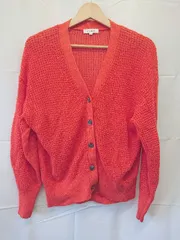 ◇ Θ PLST プラステ シンプル Vネック 透かし編み 長袖 ニット カーディガン サイズM レッド系 レディース E  【1507160015992】