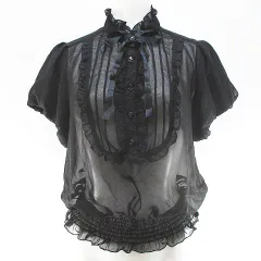 ミッシュマッシュ MISCH MASCH 半袖 シースルー シャツ ブラウス 38 黒系 ブラック ラメ フリル リボン ハーフボタン シャーリング