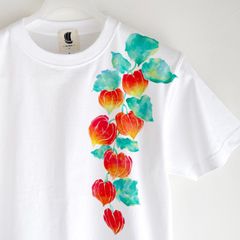 ホオズキ柄Tシャツ メンズ ホワイト 手描きで描いた赤い鬼灯柄Tシャツ