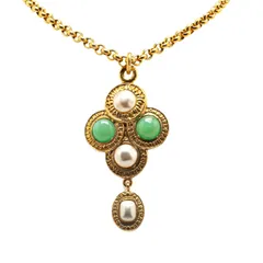 シャネル ヴィンテージ ロゴ フェイクパール ゴールド ホワイト グリーン メッキ レディース CHANEL【1-0197476】