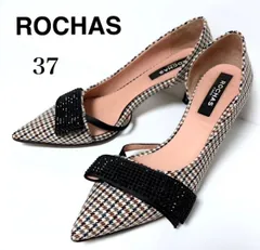 センス抜群！【美品】ROCHAS ロシャス リボン チェックパンプス ハイヒール size37 レディース 23.5〜24㎝ マルチ×ブラック　2A56