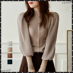 送料無料 バルーン袖 リブニットトップス 韓国風レディース 袖切り替え シフォンプリーツ ブラウス パフスリーブ ドッキングニット プチハイネック トップス 春秋冬プルオーバーニット 襟フリルニットソー オフィスカジュアル