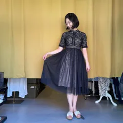 @ レース ドレス 花柄 ワンピース ロング チュール 結婚式　ハイネック　黒　お呼ばれ　デート　オフィスカジュアル　食事会