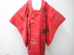 【京松】【着物】アンティーク　道行コート　ロング丈　花文　身丈約118.5cm　裄丈約64cm　kyo7z04-206