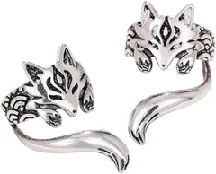 ルナリ 狐 イヤーカフ 左右ペア セット キツネ イヤリング シルバー フェイクピアス ノンホール ユニセックス(シルバー)