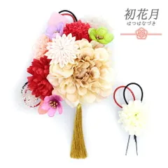 髪飾り 成人式 つまみ細工 赤 振袖 袴 2点セット 花 ベージュ 薄茶 白 ピンク 紫 ゴールド 組紐 房 かすみそう ブリザーブドフ No.12-0658