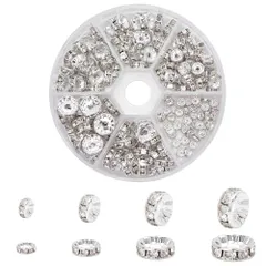 新品 PH PandaHall 約160個/箱 ロンデル 4/6/8/10mm 平型ロンデル 真鍮 ラインストーン付き スペーサービーズ メタル ビーズ アクセサリーパーツ ジュエリー 手芸用品 クラフト用品 手作り素材 材料 シルバー