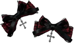 infage ヘアクリップ 2点 セット 十字架 リボン ちょう結び レース ヘアピン かわいい アクセサリー 小さめ レディース 春 夏 秋 冬 オシャレ お洒落 おしゃれ バレッタ カワイイ ロリータ ゴスロリ 流行 定番 髪(ワインレッド)