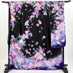 振袖 身丈169.5cm 裄丈70cm L 袷 花車 牡丹 金通し 金彩 黒 正絹