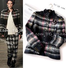 シャネル ジャケット CHANEL グリーン ミックス ウール アルパカ モヘア チェック ふわふわ カール・ラガーフェルド作品 超美品 36