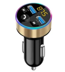 FMトランスミッター ゴールド Bluetooth5.0 USB2ポート カーチャージャー 音楽再生 電圧計 シガーソケット 車載[定形外郵便、送料無料]mer001
