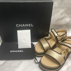◇ CHANEL ココマーク スポーツ サンダル サテンレザー [ G32676 ] サイズ37(23.5cm相当) ベージュ 【使用感ふつう/1箇所シミ汚れ/底面キズ汚れ】 シューズ 靴 シャネル / 中古