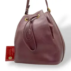 美品 Cartier カルティエ マストライン 巾着型 ショルダーバッグ 赤 ボルドー ワインレッド レザー ゴールド金具 ロゴ 2Cモチーフ 斜め掛け可 レディース ギャランティカード付き K12