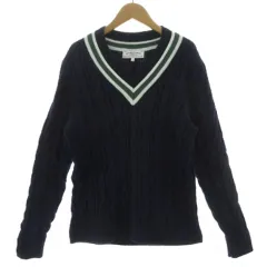 グリーンレーベルリラクシング ユナイテッドアローズ green label relaxing コットンニット Vネック 長袖 ケーブル編み 厚手 配色 ネイビー 紺 ホワイト 白 グリーン 緑 M