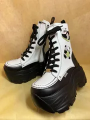 ♡新品未使用・超美品♡ Sサイズ 【22.0cm-22.5cm】  ヨースケ YOSUKE 厚底スニーカー ブラックホワイト パンダ レディース ハイカット ワッペンデザイン 厚底ブーツ 9cm 厚底フラットソール 靴　MY1280-446