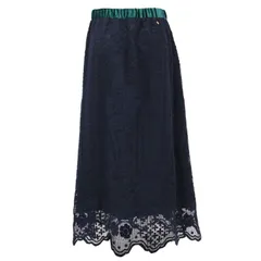 美品 MUVEIL ミュベール スカート ミディ丈 ミモレ丈 ネイビー グリーン サイズ:38(M) モチーフレース ベロア ウエストゴム ウール 日本製 ボトムス【レディース】のサムネイル