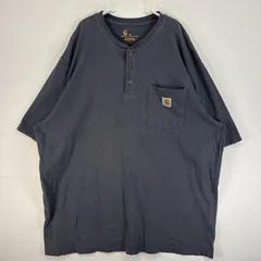 古着 カーハート Carhartt 半袖Tシャツ ヘンリーネック 大きいサイズ 肉厚 フェード ワンポイント ロゴ XL  ブルー系 無地 メンズ