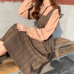 【新品】ガーリー♡ボリュームスリーブブラウス＋チェック柄ジャンパースカート レディース ワンピース 長袖 ブラウス チェック柄 セットアップ 秋冬 おすすめ　E1449