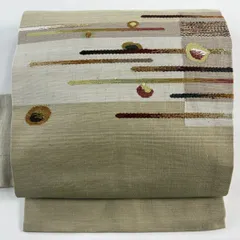 名古屋帯 優品 幾何学模様 縞 鶯色 正絹 【中古】