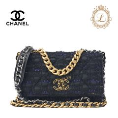 CHANEL シャネル ショルダーバッグ  トートバッグ シャネル19 マトラッセ チェーンウォレット ツイード 黒×ブルー ゴールド×シルバー金具　レディースバッグ　ブランド【中古】【送料無料】