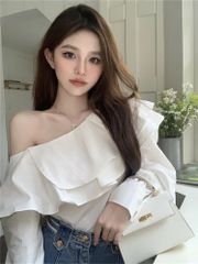 フリル オフショルダー 長袖 シャツ 上着 スリム 快適 レディース