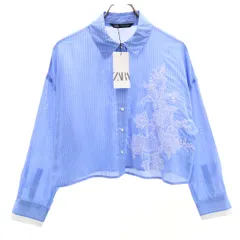 未使用 ZARA ザラ ストライプ柄 花柄刺繍 長袖 ショート丈 シャツ M ブルー レディース 古着