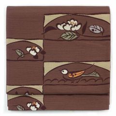 袋帯 幅30cm 長さ430cm レディース 鳥柄 秋冬春用 正絹（シルク）ブラウン 未使用品 三幸織物 リメイク リユース リサイクル【呉服のきくや】