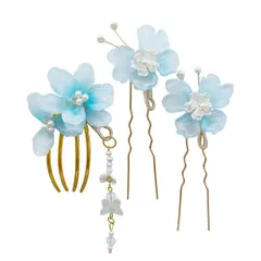 (【3点セット】ブルー系) 髪かざり 漢服 成人式 結婚式 入学式 卒業式 かんざし 袴 袴 かわいい ヘアアクセサリー 造花 浴衣 着物 和装 おしゃれ Uピン 髪飾り 髪飾り 胡蝶 花 3点セット