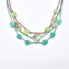 Vintage ヴィンテージ エスニックデザイン ストーンペンダント マルチビーズ 3蓮ネックレス 首飾り アクセサリー 天然石 ウッドビーズ ビンテージ マルチカラー ゴールド ユニセックスデザイン