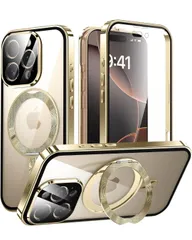 ★iPhone 16 Pro Max 用 ケース 両面保護 MagSafe対応 CDリング 360°回転スタンド 自動ポップアップロック付き アイホン16 プロ Max アルミバンパー Gunwon ゴールド
