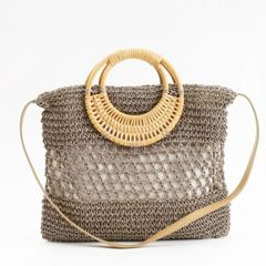 【COOCO】ラタン丸ハンドル×ペーパー2WAY ショルダー　カゴバッグ かごバッグ　グレージュ