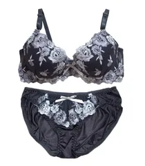 Chica Hurra ダークグレー C70 レディース ブラジャー ブラ ショーツ 上下 セット ブラショーツセット ブラジャーショーツセット 女性 下着 3/4 カップ 花柄 刺繍 レース 大人 可愛い 盛り カップ付き下着  [ダークグレー] [C70]